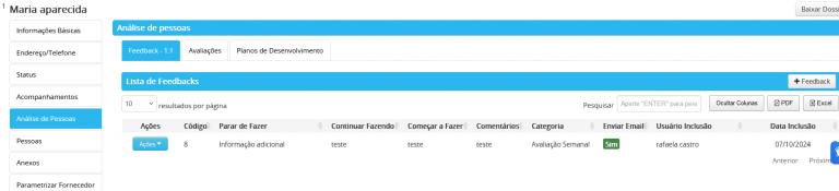 Incluir Feedback via Menu Ações